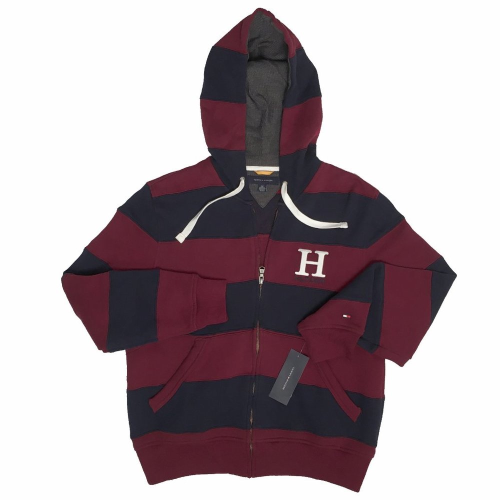 NEW Vintage Tommy Hilfiger Hoodie Sweatshirt Navy & Maroon Stripe Big H on Chest